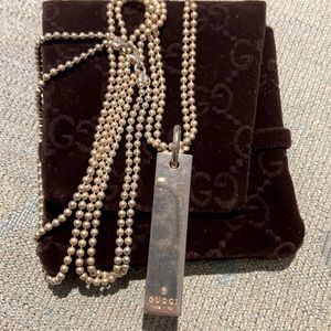 Gucci Sterling Silver Logo Bar Double Ball Chain Pendant Necklace